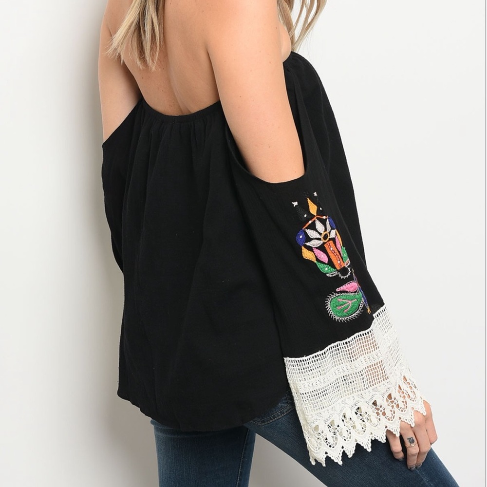 LAST Black Embroidered Off Shoulder Top - Picture 3 of 3